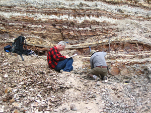 Dr David Greenwood (back to camera) and Dr Bruce Archibald collecting fossils at the McAbee Eocene fossil site west of Kelowna in 2005.