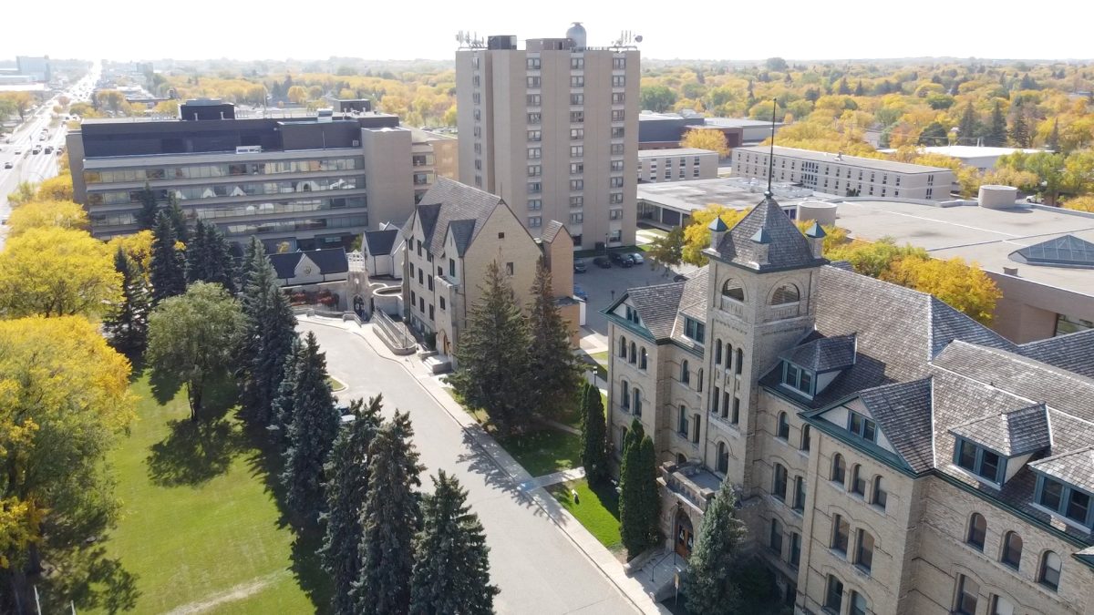 A university campus, seen from the air. Combining old and modern buildings with walkable greenspace.