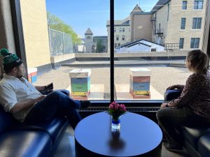 Two people sit in couches. Behind them is a large window showing beehives on a roof.