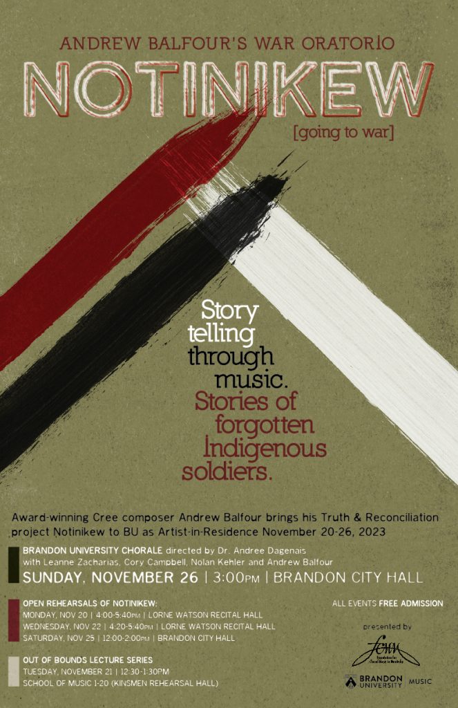 Poster for Notinikew features intersecting lines of red, black and white paint.