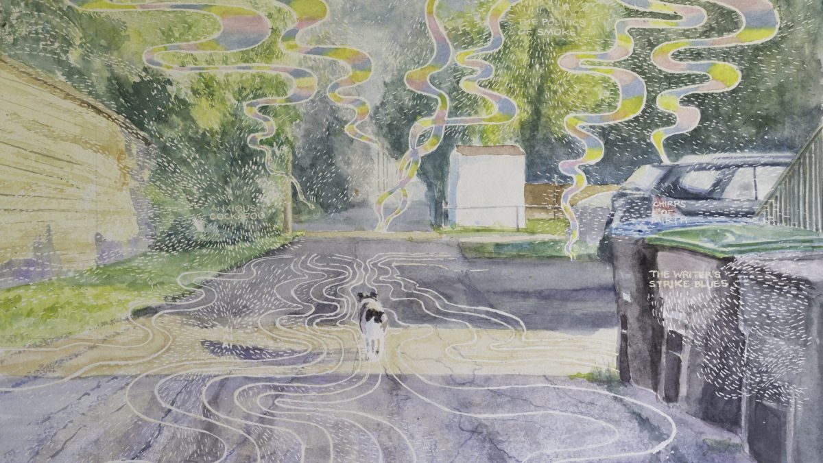 A dog walks down an alley with lines representing the various stimulants it senses