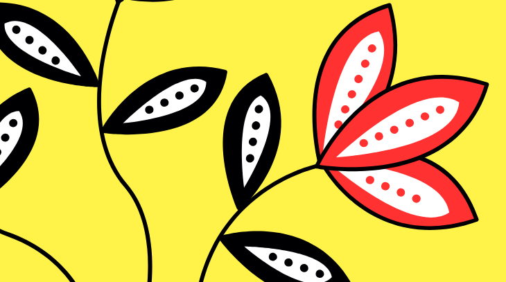 A drawing of red flowers with black leaves on a yellow background