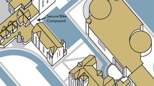 3D map showing the location of the secure bike compound, behind the Knowles-Douglas Centre.