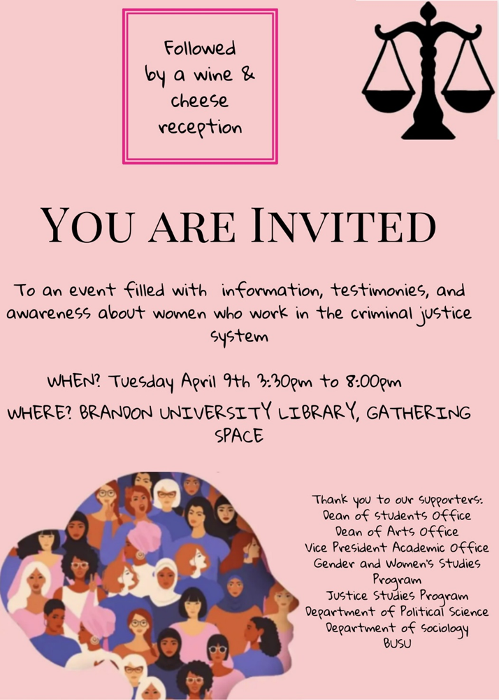 Event poster features the scale of justice at the top. At the bottom is a silhouette of the profile of a face, with drawings of a diverse group of women inside the silhouette