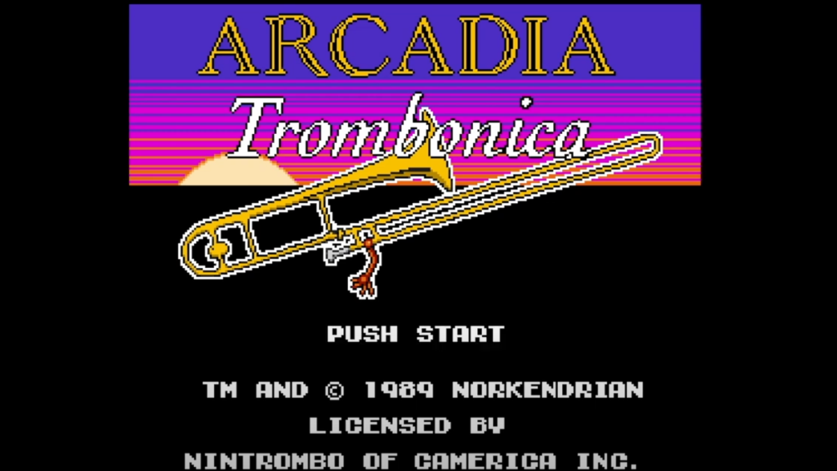 An video game-like image of a trombone with the title, Arcadia Trombonica