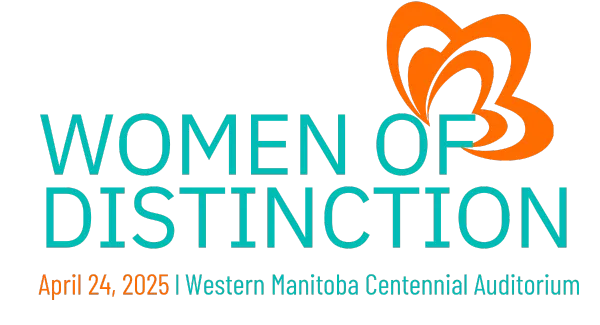Women of Distinction logo features an image of an orange butterfly above text. The text says "Women of Distinction" in blue, "April 24, 2025" in orange, and "Western Manitoba Centennial Auditorium" in blue.