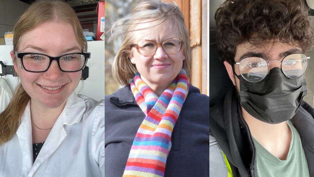 A collage of three co-op students, including a woman in glasses and a lab coat, a woman outdoors in a scarf, and a man wearing high-viz and a mask.