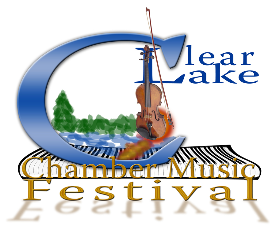 Clear Lake Chamber Music Festival logo features an image of a violin in front of a body of water and trees, over a piano keyboard