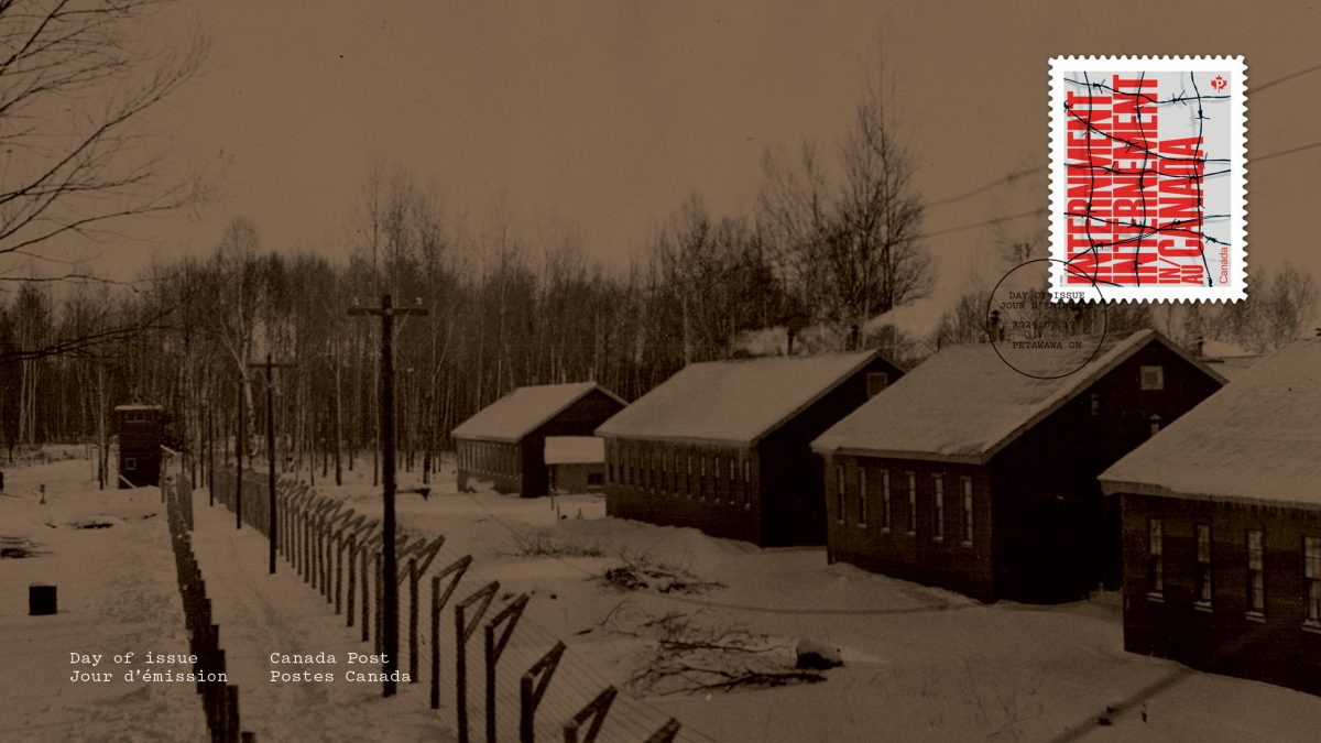 An image of buildings in a sepia tone with a postage stamp in the corner