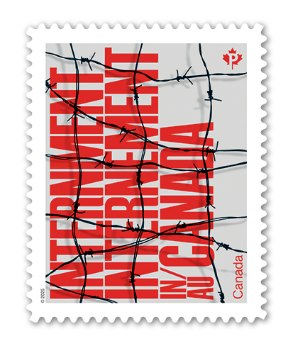 A postage stamp featuring the worlds "Internment In Canada/Internement au Canada" in red letters on a grey background. Barbed wire covers the image