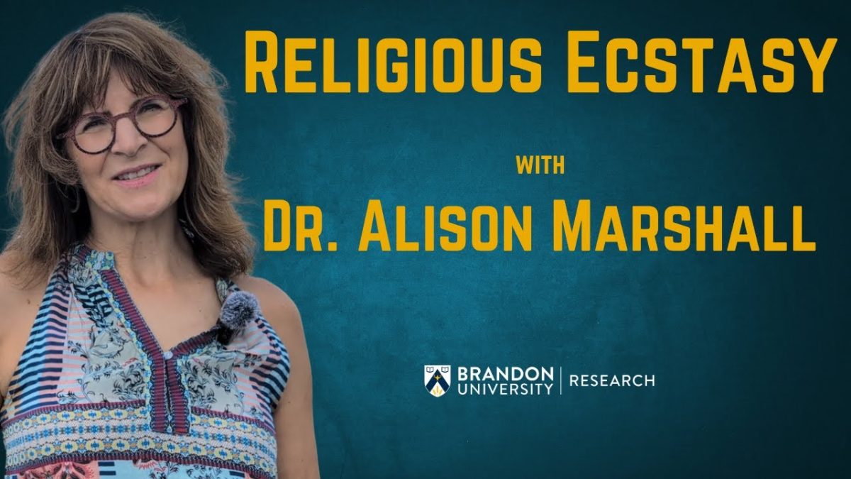Photo of a woman beside the title "Religious Ecstasy with Dr. Alison Marshall" on a blue background