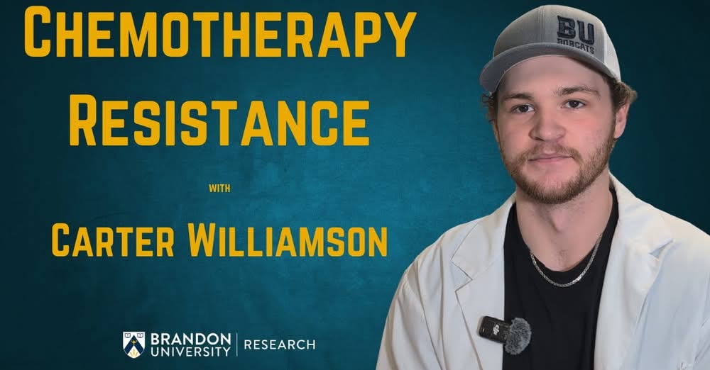 A man wearing a lab coat and a baseball hat with the title "Chemotherapy Resistance with Carter Williamson"