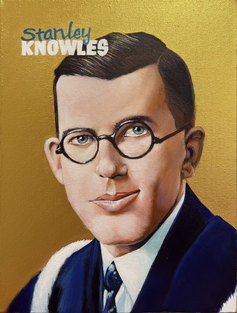 Painting of a young man on a gold background. He is identified as Stanley Knowles.