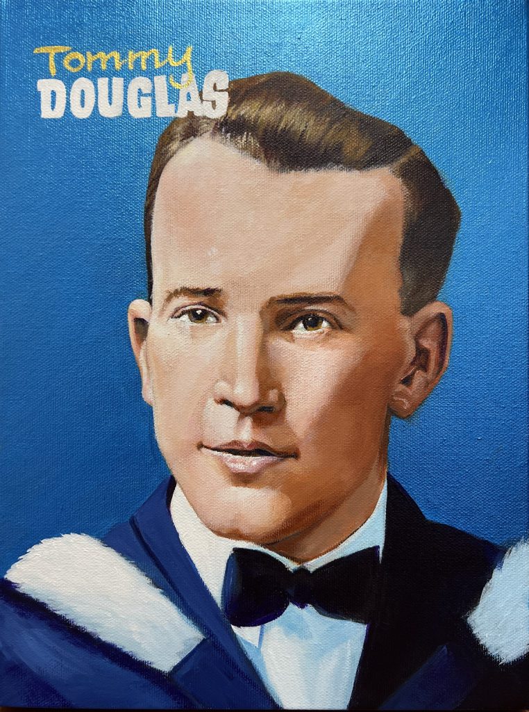 Painting of a young man on a blue background. He is identified as Tommy Douglas.