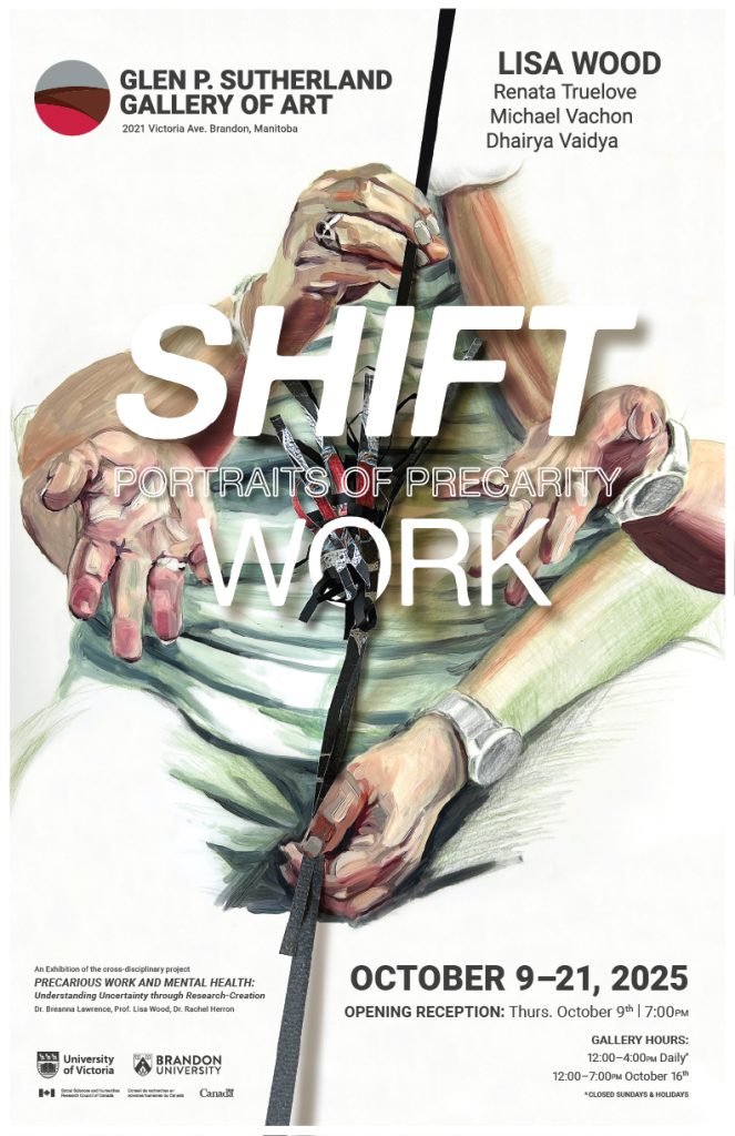 Exhibition poster features drawings of a pair of hands working with straps, while another pair of hands faces palms out. The poster is titled "Shift Work: Portraits of Precocity"