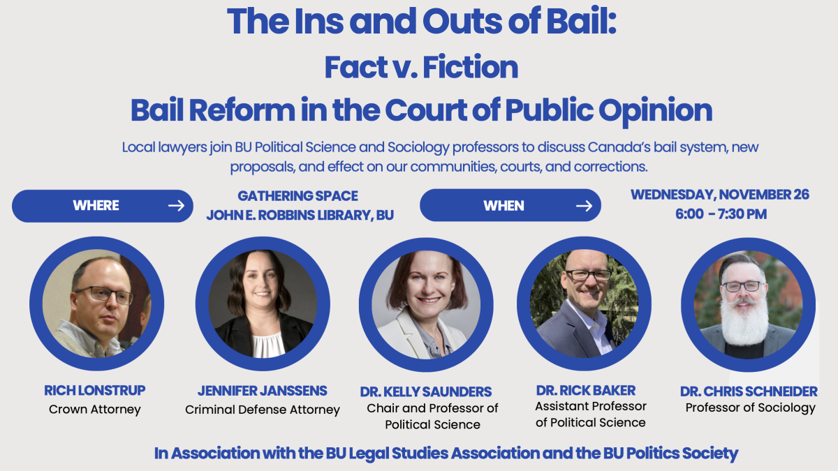 Poster promoting a panel discussion called "The Ins and Outs of Bail Reform." There are five photos showing the panellists.