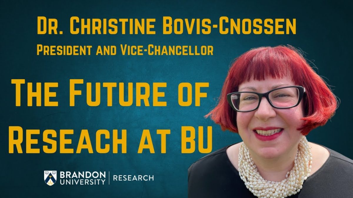 A woman smiles in front of a blue background. Text on the image says "The Future of Research at BU"