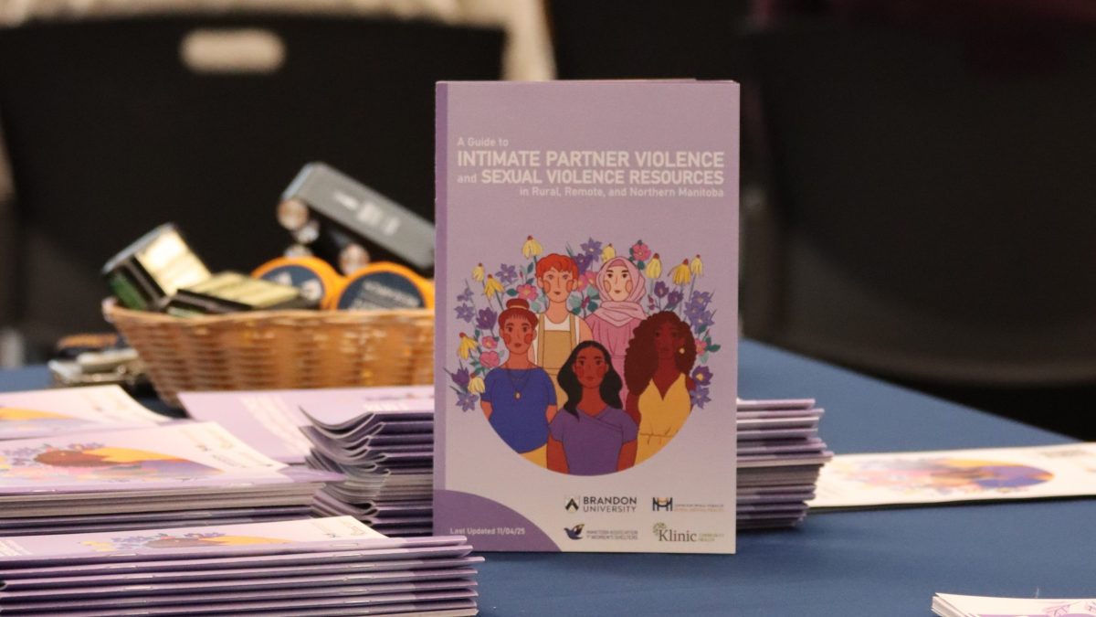 A pile of booklets is on a table. One of the booklets is standing on its edge. The title of the booklet is "A Guide to Intimate Partner Violence and Sexual Violence Resources in Rural, Remote, and Northern Manitoba." The booklet is purple, with a drawings of women at the centre of the cover.