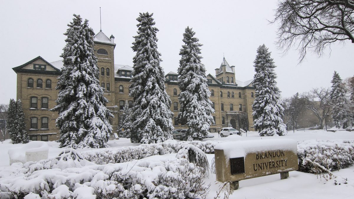 The Brandon University campus, covered in snow.