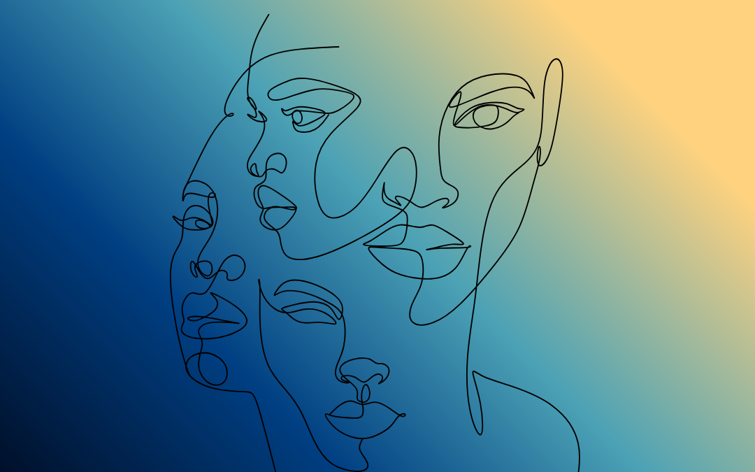 Outline drawings of four faces on a background that transforms in a colour gradient from dark blue in the bottom left corner to a gold at the upper right