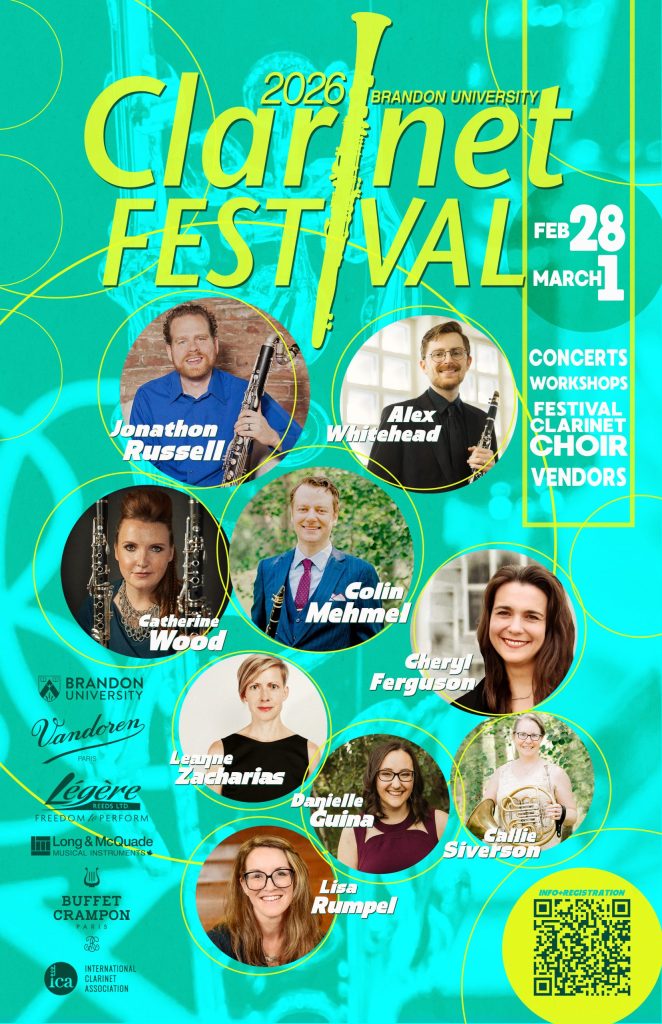 Festival poster features photos of nine musicians in circular frames on a green background. Text in the poster advertises concerts, workshops, a festival clarinet choir and vendors