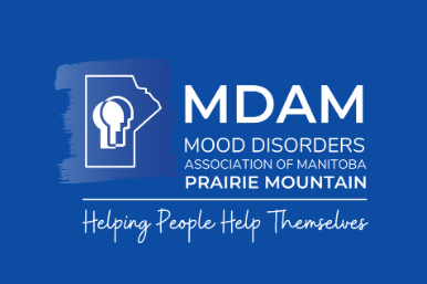 Mood Disorders of Association of Manitoba logo includes an outline of the province of Manitoba with outlines of two heads within the province on a blue background. A tagline reads "Helping People Help Themselves"