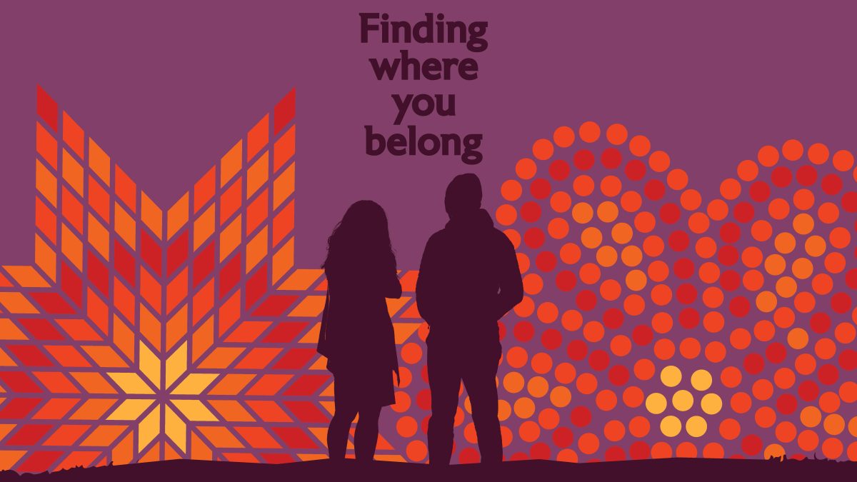Illustration of two silhouettes of people standing in front of red, orange and yellow beads that form the shape of a star and a flower. Silhouetted text reads "Finding where you belong"