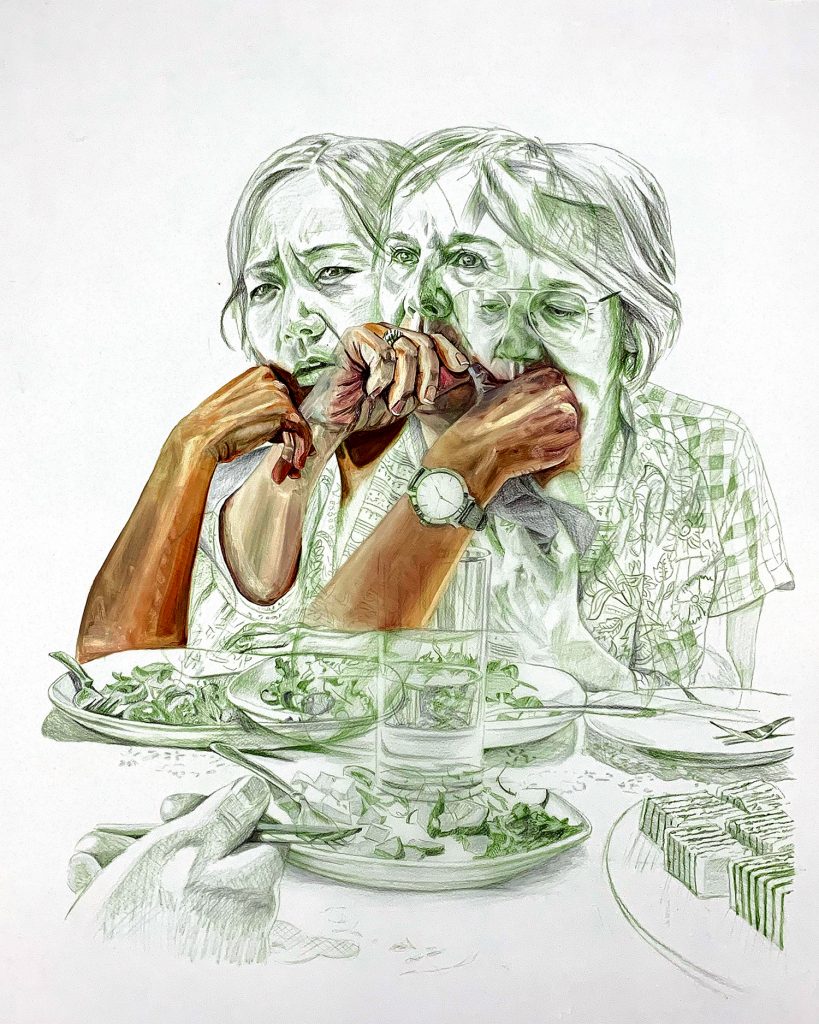 Drawing of three superimposed women, each with hands at their mouths and with plates of food in front of them.