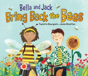 Cover of a children's book with a cartoon boy and girl. The girl is wearing a striped shirt and bee antennae. The title of the book is "Bela and Jack Bring Back the Bees"