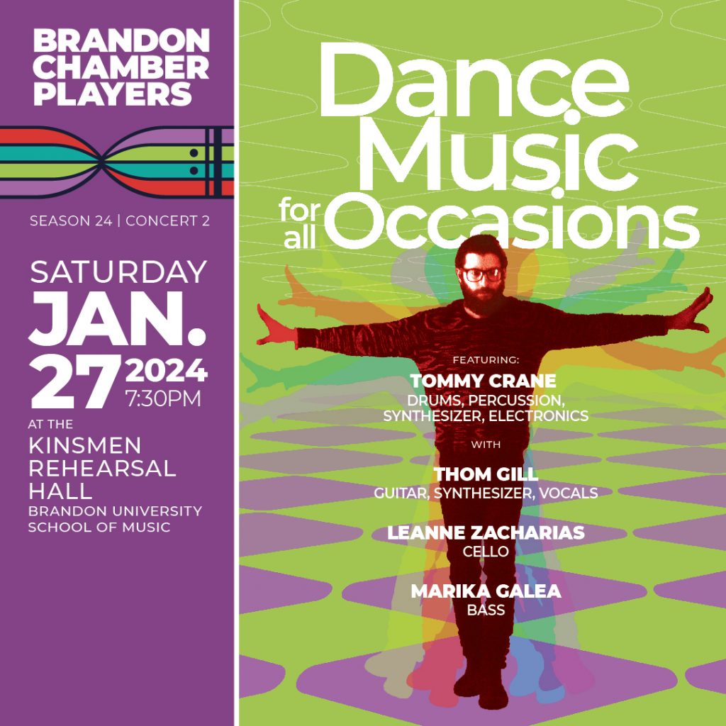 Event poster features a man standing with his arms extended to his sides in front of a green and purple background