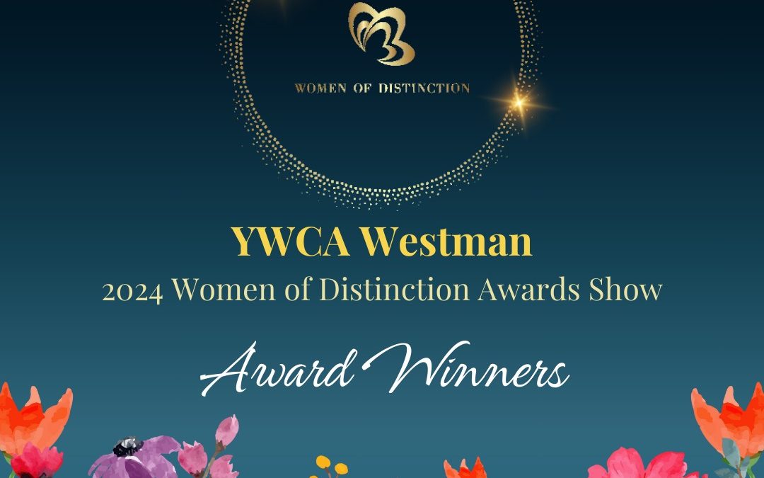 Graphic for YWCA Westman 2024 Women of Distinction Awards Show, with an image of a gold butterfly on a blue background, within a sparkling gold circle