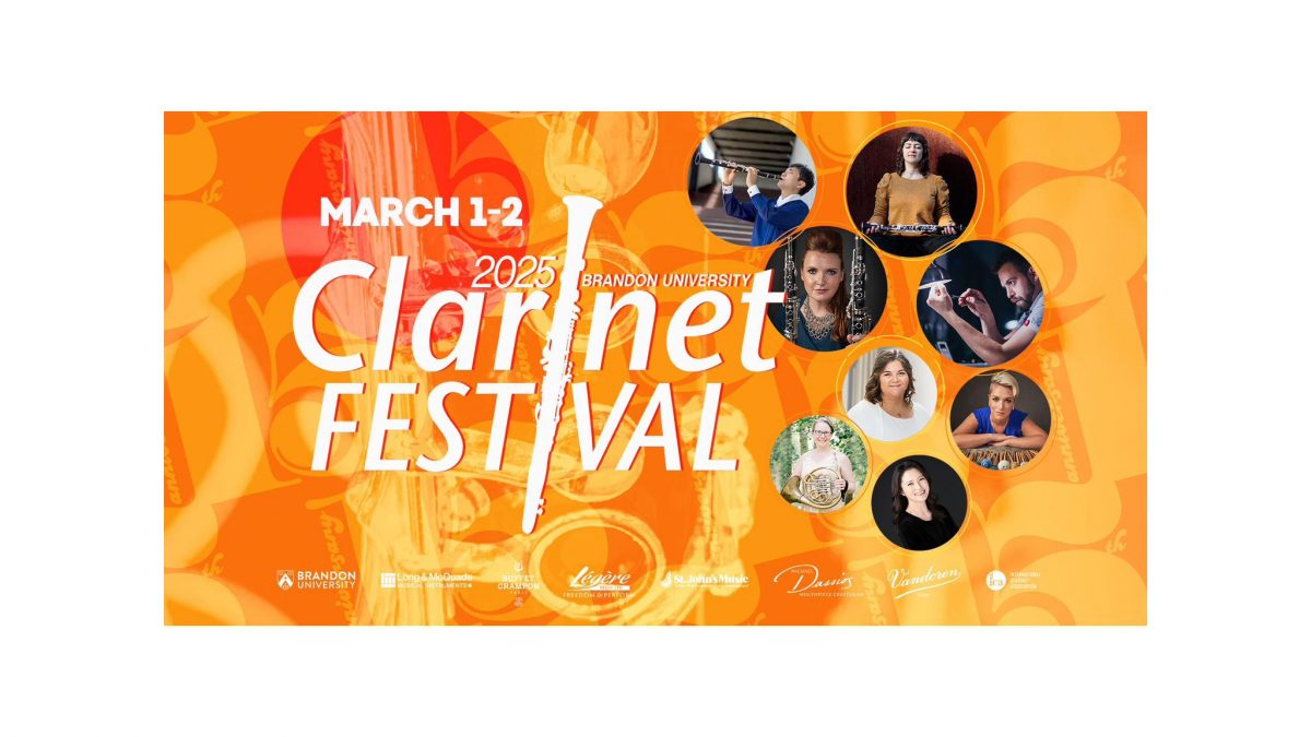 Poster says "March 1-2 Clarinet Festival" in white on an orange background. A clarinet forms the "I" in Clarinet and Festival. Images of musicians are in bubbles next to the print