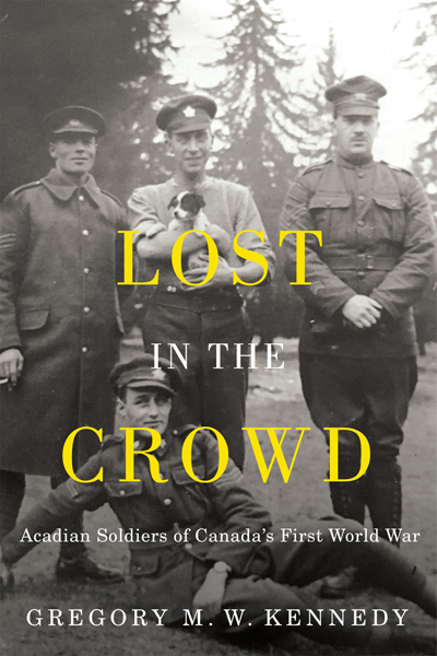 Book cover shows three soldiers standing behind one soldier seated on the ground. The solder standing in the middle is holding a small dog