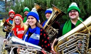 Aaron Wilson (3rd from left) and BU music students prepare for 1st Annual TubaChristmas, 2014 (web)