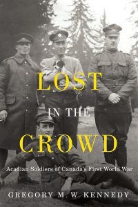 Book cover featuring a vintage black and white photo of soliders in uniform. The title of the book is "Lost in the Crowd"