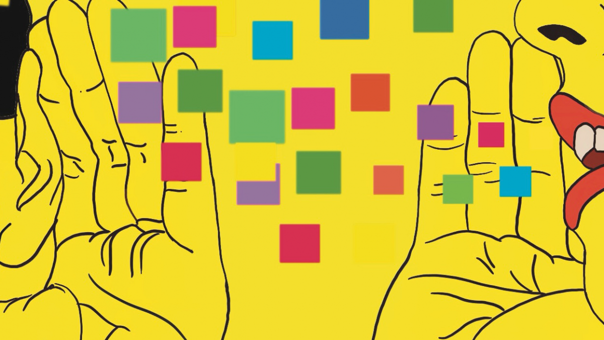 Drawing of one person speaking while the other holds their hand to their ear to listen. Several colourful squares decorate the area between the peope