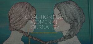 Illustration of two women, with the words "Coalition for Women in Journalism" in front of the image.