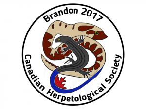The event logo features the words "Brandon 2017" and "Canadian Herpetological Society" with an image of a Western Hognose Snake and a Northern Prairie Skink. A Maple Leaf sits in the curve of the skink's tail.