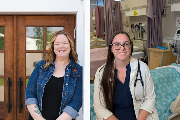 Collage of two women. One is posing in front of a door. One is posing in a hospital setting