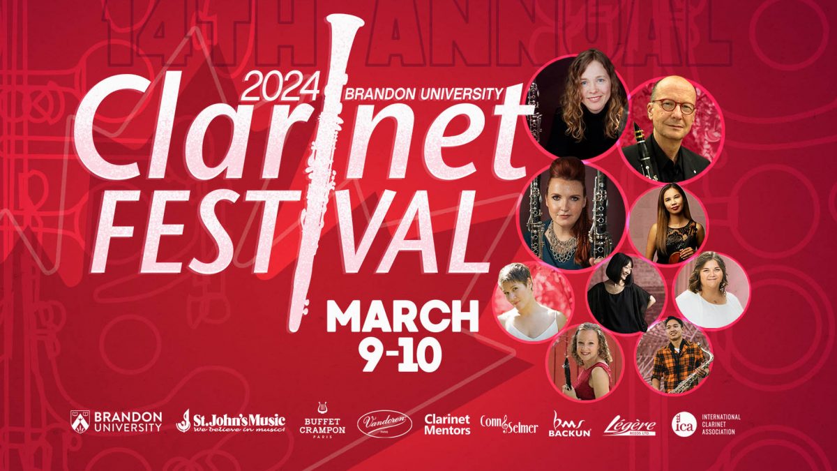 Brandon University Clarinet Festival is written on a red background, with head shots of musicians