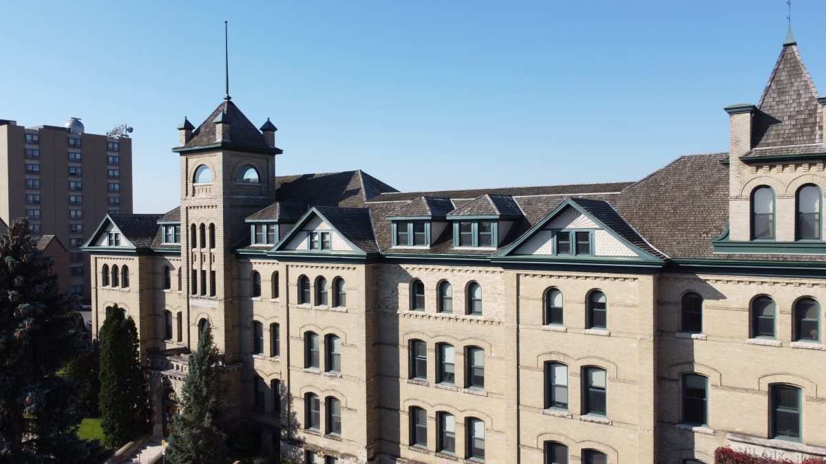 Drone photo of Clark Hall at Brandon University.