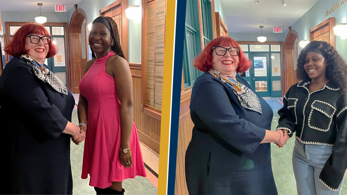 Two photos side by side, each showing BU President Christine Bovis-Cnossen shaking hands with a student.