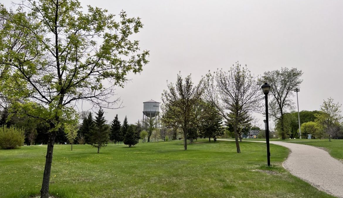 A rolling green space with trees, lamppost, pathway, and a water tower in the background.