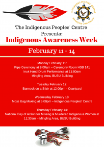 Poster for Indigenous Awareness Week features a feather and the Indigenous Peoples' Centre Logo at the top. An inukshuk, scarf and two feathers are at the bottom of the poster. The event details are in the middle.