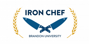 Image features words Iron Chef at top, with two crossed knives and Brandon University below. A stalk of each wheat forms a semicircle at each side of image