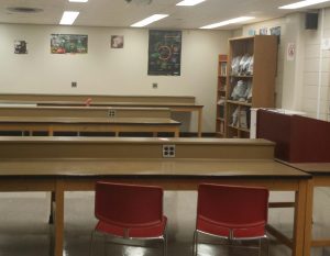 A "before" picture of BU biology lab, showing bolted-down tables