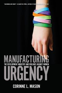 The cover of Manufacturing Urgency features the title in grey lettering. In the background his a hand with several coloured bands on the wrist.