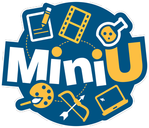 Logo for Mini University shows the text "Mini U" in a blue circle, surrounded by a pencil and paper, filmstrip, laboratory flask, paintbrush and pallet, bow and arrow, and a computer.