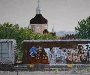 Photograph of a painting featuring a train painted with graffiti in the foreground, with the church spire in the background
