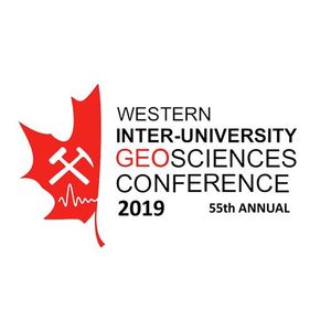 Logo for the Western Inter-University Geosciences Conference features an image of two crossed hammers on half Maple Leaf.